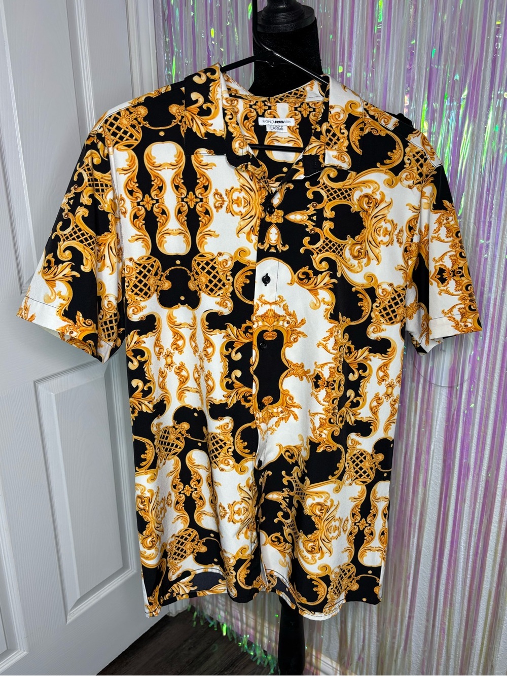 Fashion Nova Baroque Men’s Button-Down Short Sleeve Shirt - Black, White & Gold